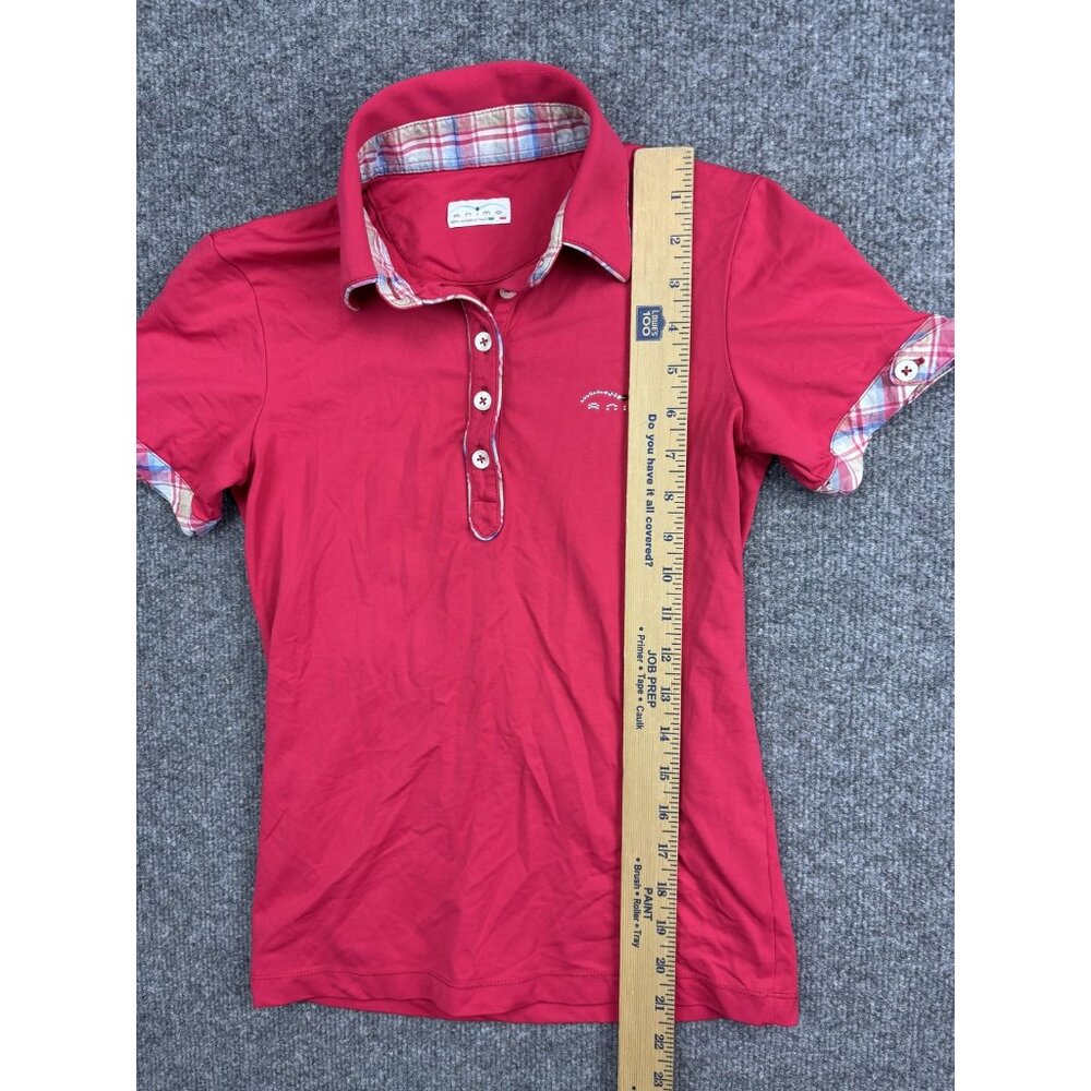 Animo Polo Shirt Womens Extra Small Red Plaid Trim Rhinestone Logo Made Italy - Picture 4 of 7